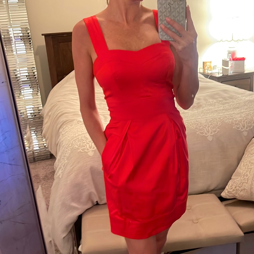 French Connection Bright Coral Pink Fitted Bodice Mini Dress w/ Pockets - Size 2